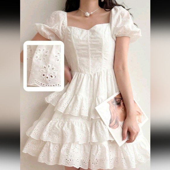 Dresses & Skirts - Romantic Embroidery Ruffle Hem Women Mini Dress, White Dress For Graduation